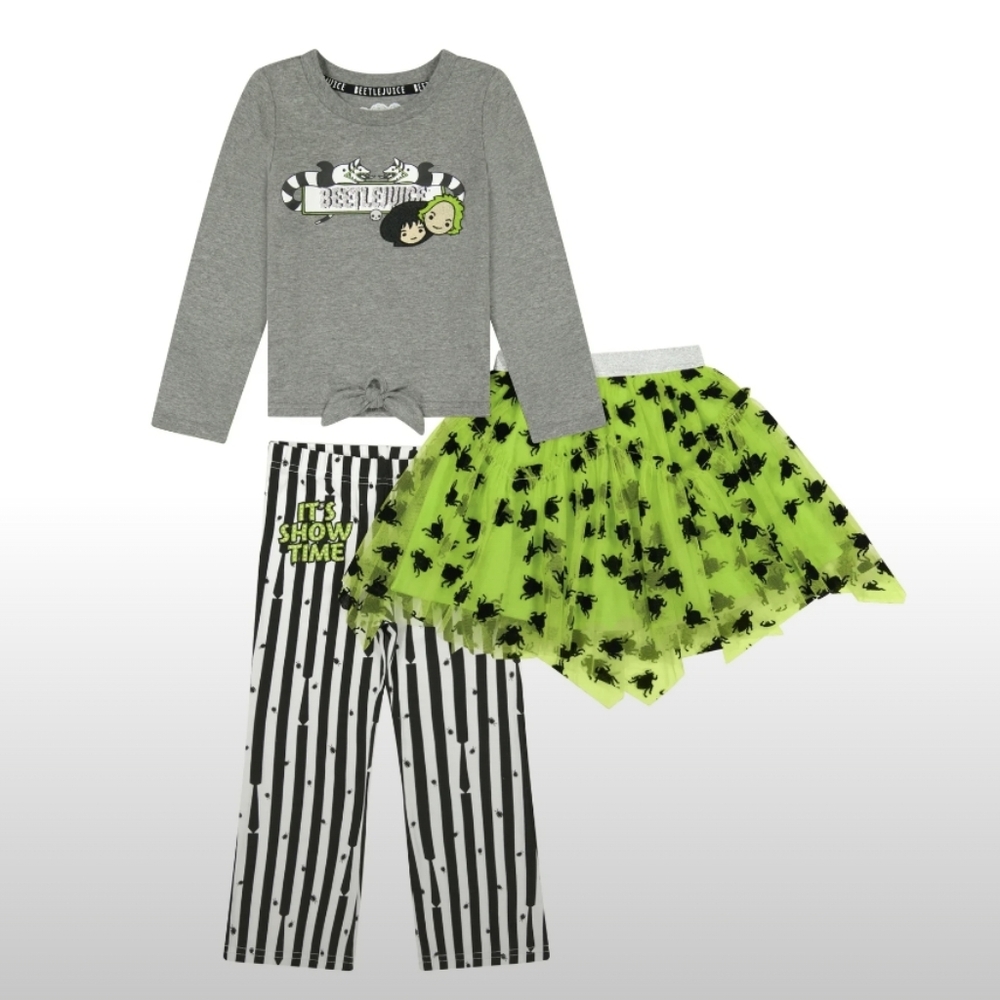 Beetlejuice Toddler Girls Long Sleeve Top, Tulle Skirt & Leggings Set, 3-Pieces